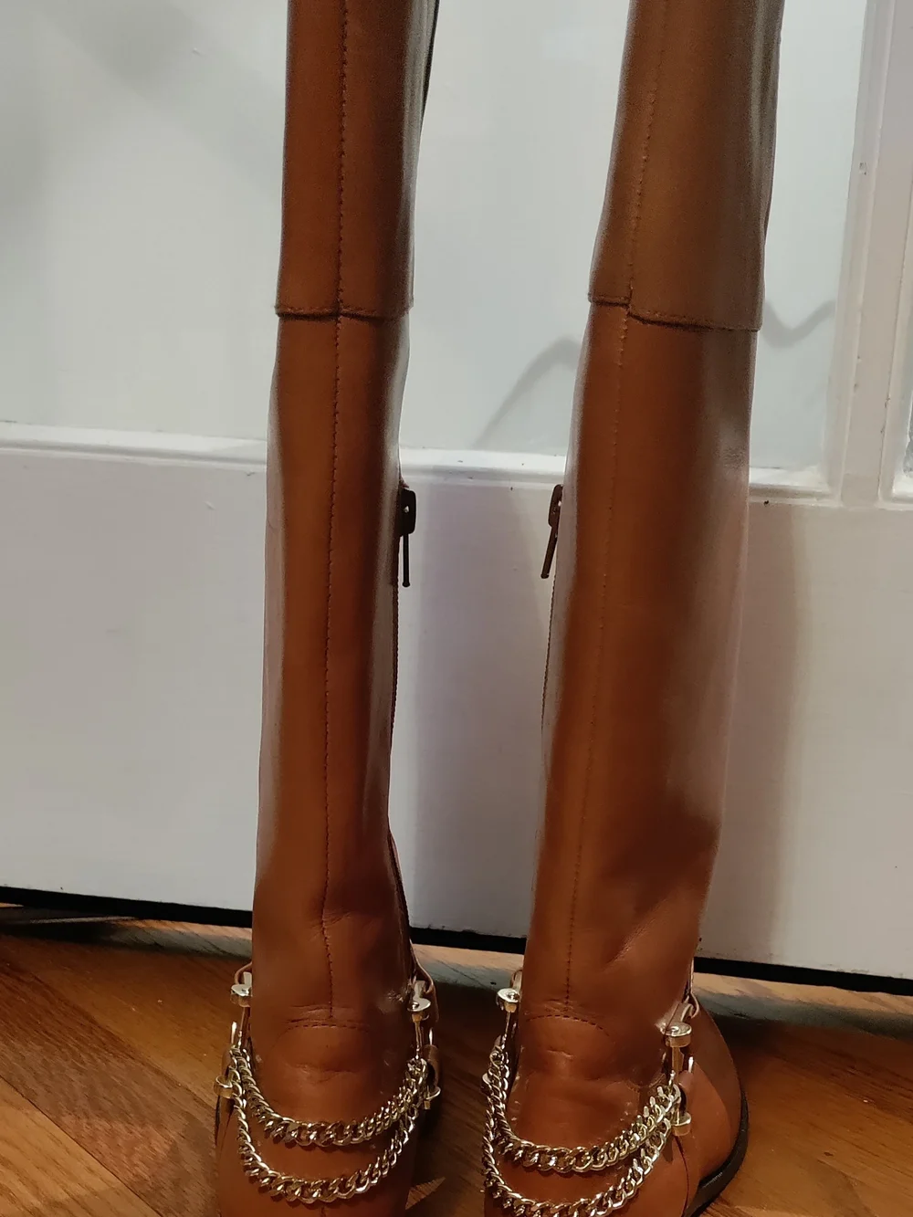 Ralph Lauren Tan Leather Knee High Boots Size 6B Gold Chain Riding Boots